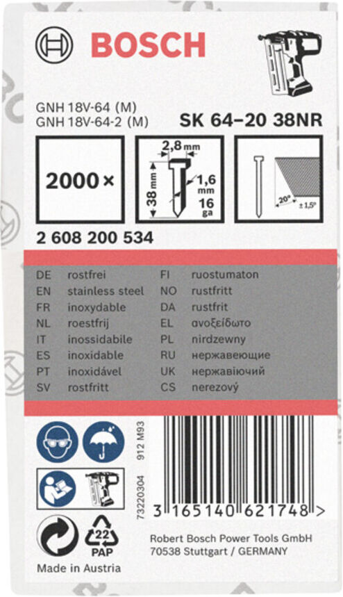 Bosch Senkkopf-Stift SK64 20NR 38 mm Edelstahl (2608200534)