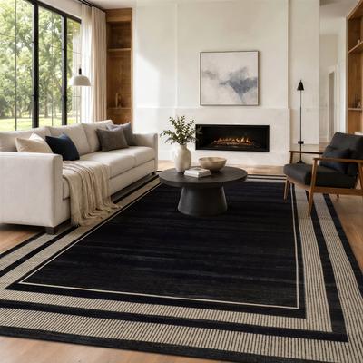 World Rug Gallery Striped Border Black Machine Washable Non-Slip Backing Area Rug