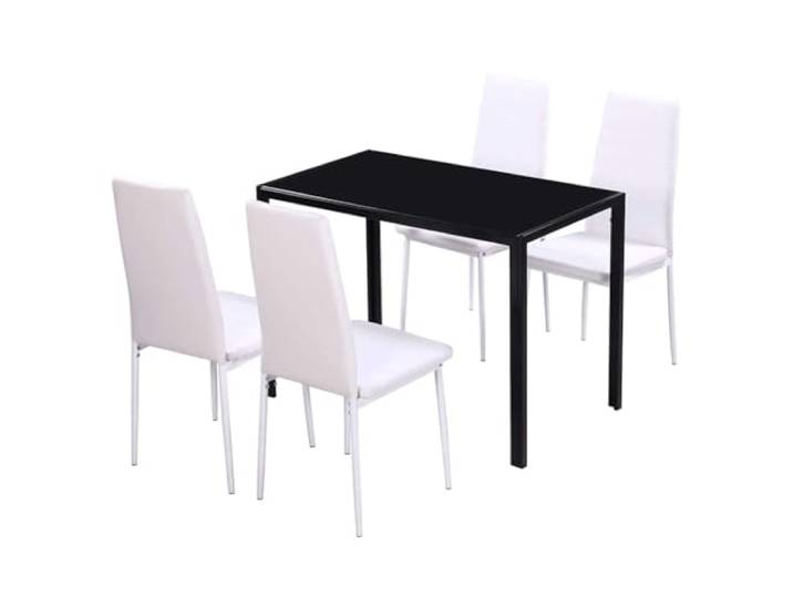 Esstisch-Set, 5-teilig, Schwarz und Weiß Tischplatte aus gehärtetem Glas, Stühle aus Kunstleder, gepolsterte Sitzfläche, klares und modernes Design, Innenräume