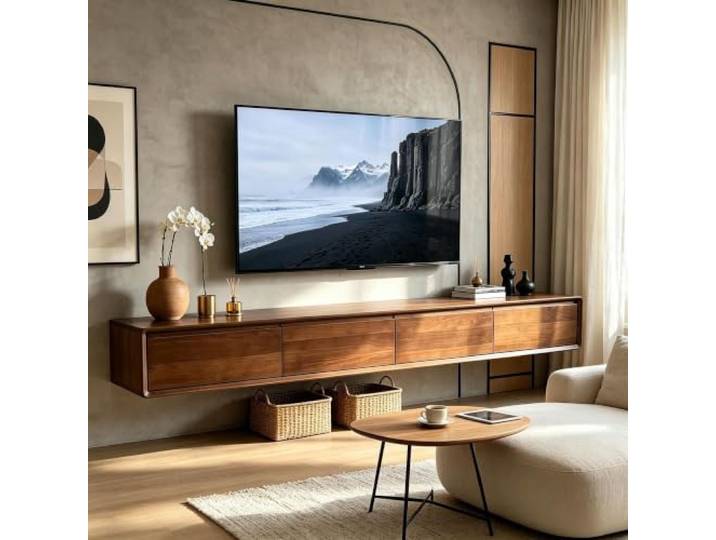 TV Lowboard Hängend, TV-Schrank Aus Holz, Schwebender TV-Schrank Mit Stauraum, Hängende Medienkonsole, TV-Ablage Für Das Wohnzimmer, Moderne TV-Wandlösung, Schlanke TV-Regal(Walnussbraun-A,200cm)
