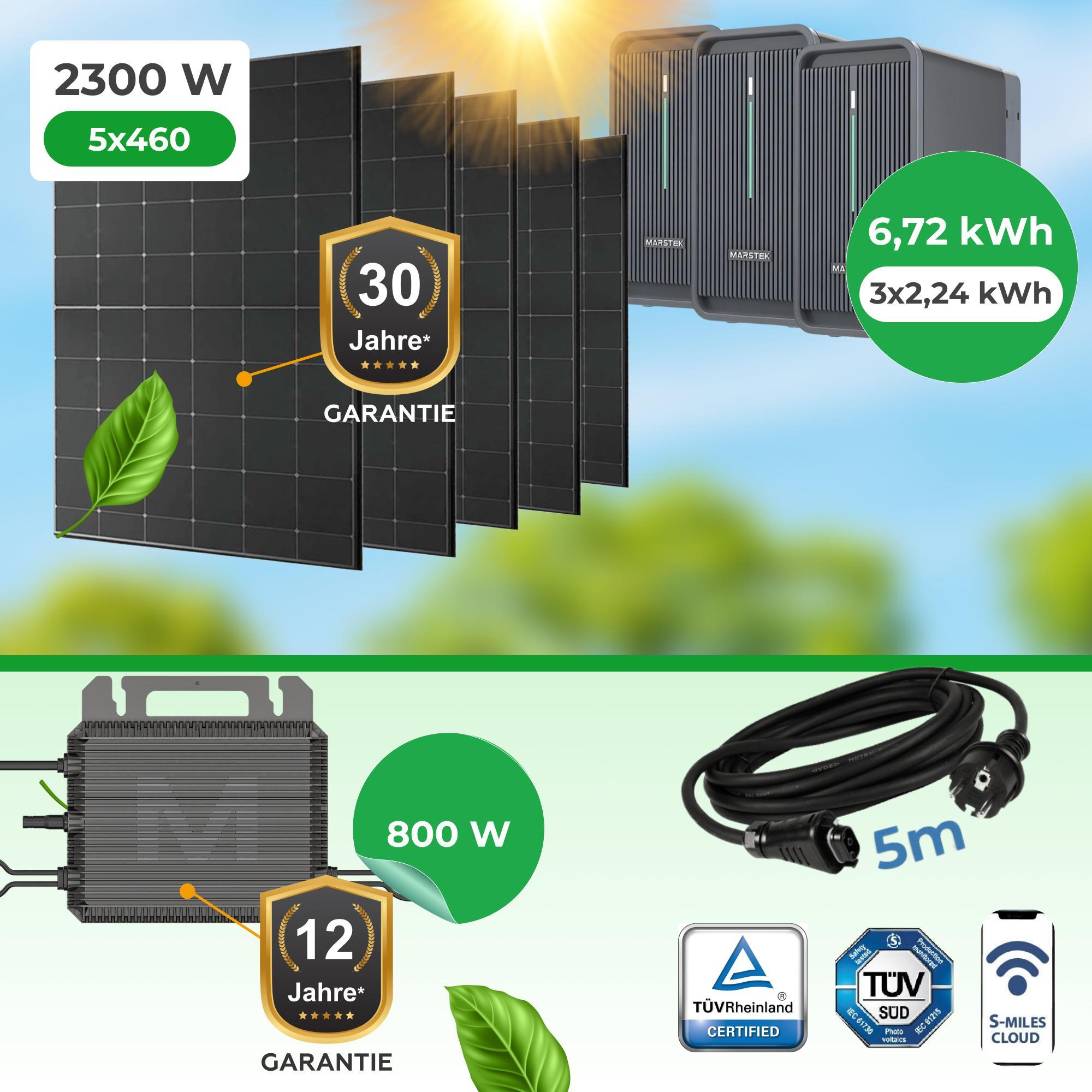Balkonkraftwerk 2300W Komplett-Set mit 5× 460W bifazialen Glas-Glas-Modulen + 6,72 kWh Speicher + Marstek M2-800 Wechselrichter, App, WiFi
