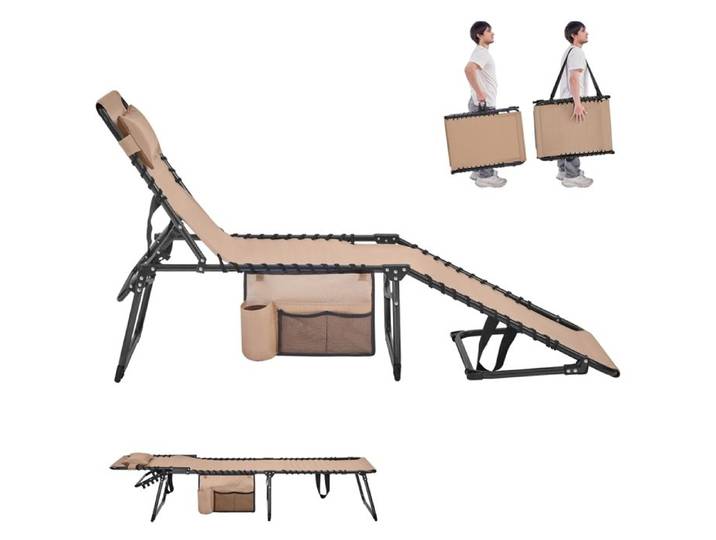 Yaheetech Chaise Longue Jardin avec Poche Latérale Chaise en Polyester 600D Résistant Bains de Soleil Relax Beige