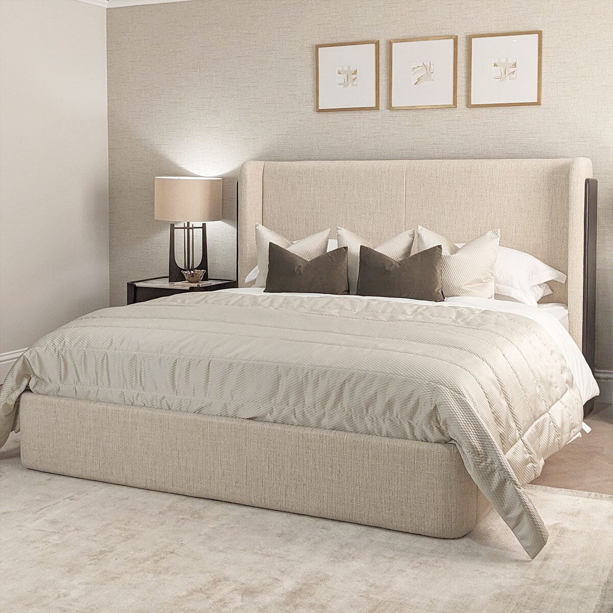 Adalynn Natural Textured Fabric Bed with Deep Brown Wooden Detail, Super King