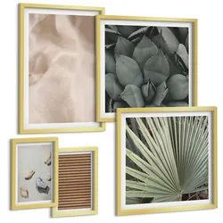BILDER SET 5er Set - 50x50 cm & 20x30 cm & 40x60 cm Goldrahmen - Steine, Holz, Stofftexturen