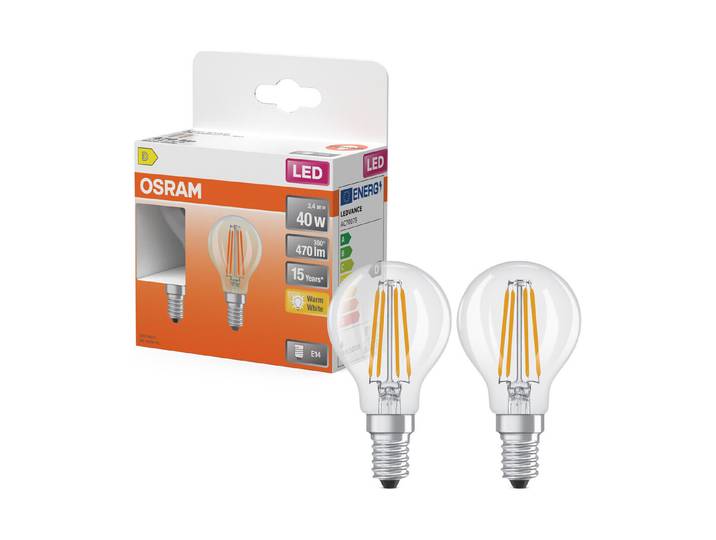 LED Tropfen P40 3,4W 827 fil E14 2X