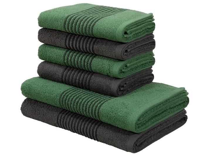 Handtuch Set BRUNO BANANI Jassen, Duschtücher, Handtücher , grün (dunkelgrün, anthrazit), 6, Walkfrottee, Walkfrottee, Obermaterial: 100% Baumwolle, Handtuch-Sets, Handtuch Set, mit gestreifter Bordüre, 6 teiliges Handtücher Set aus 100% Baumwolle