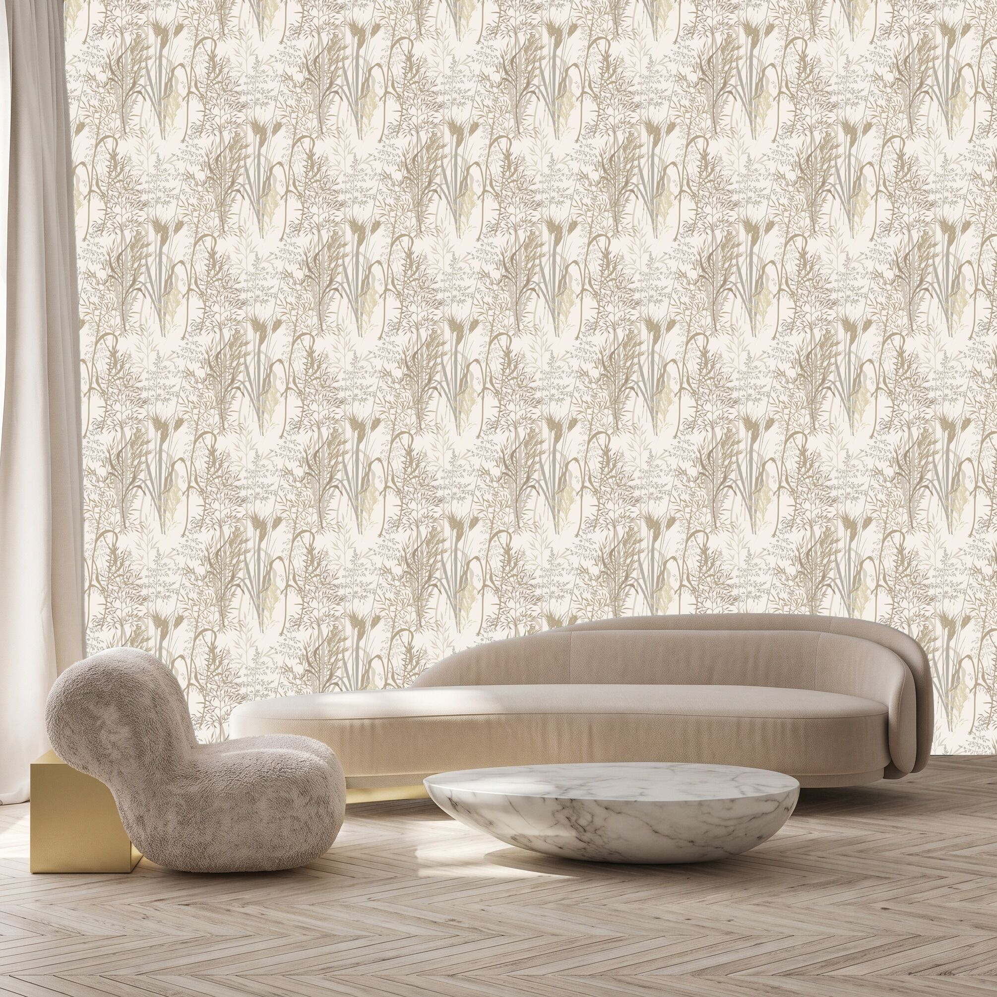 3D-Tapete QUEENCE "Gräser und Pflanzen, selbstklebendes Wandpaneel", beige (beige,natur), B:60m H:250m, Vinyl, Tapeten, 3D-Tapete, 60 x 250 cm Fototapete, Mustertapete, Anbringung ohne Kleister beige,natur B/L: 60m, Bahnen: 1 Stk.