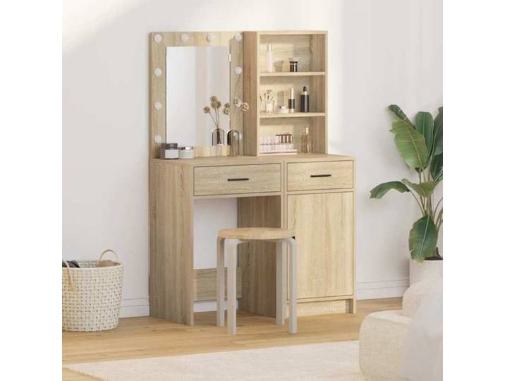 Ensemble de Table de Maquillage avec LED 2 Pc Chêne Sonoma 41 x 13 cm en Bois d'ingénierie avec miroir et rangement beauté 70