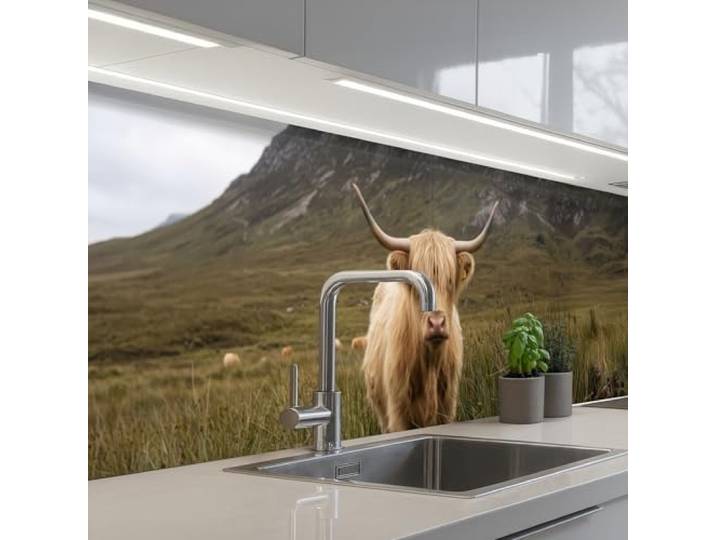 KitchenYeah© Spritzschutz Küchenrückwand Küche Abwaschbar Selbstklebend 80x400 cm - Küchenwand Küchenfront Küchen Rückenwand Wandschutz Schottischer Hochländer - Bergen - Grasfeld