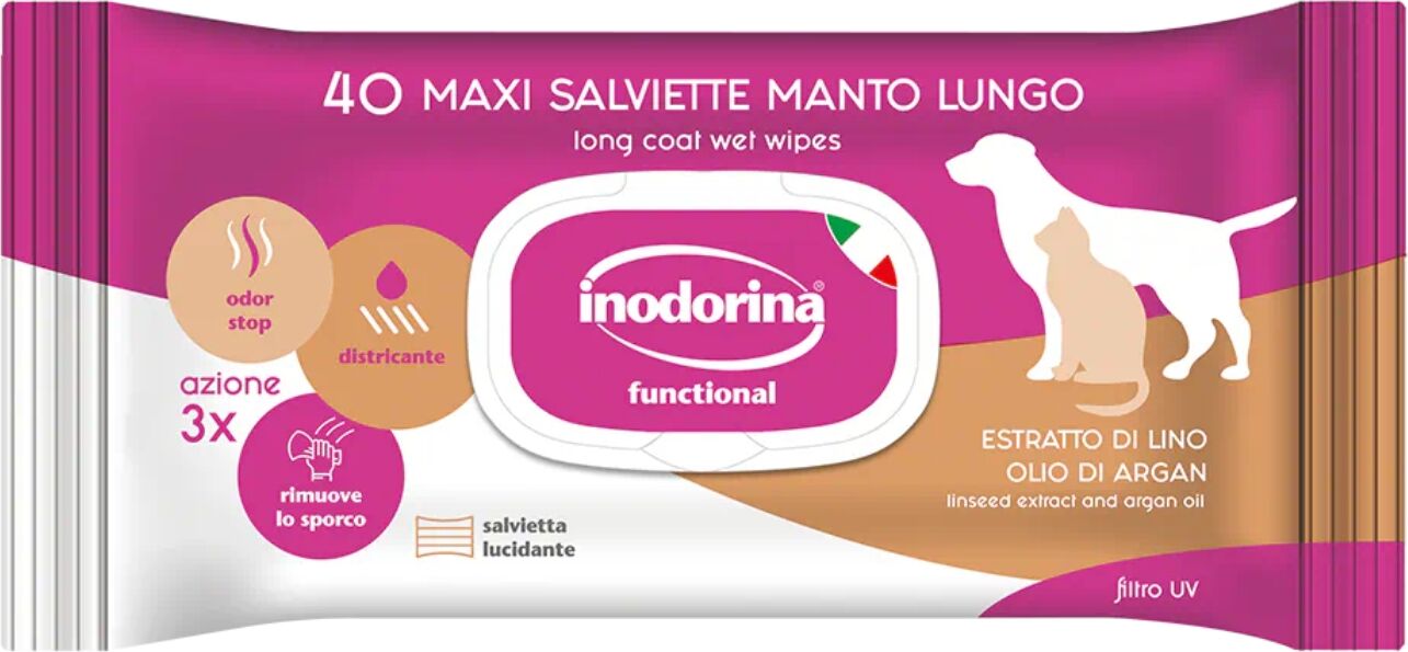 Inodorina Salviette Detergenti Umidificate per Cani Cuccioli e Gatti a Manto Lungo 40 pz