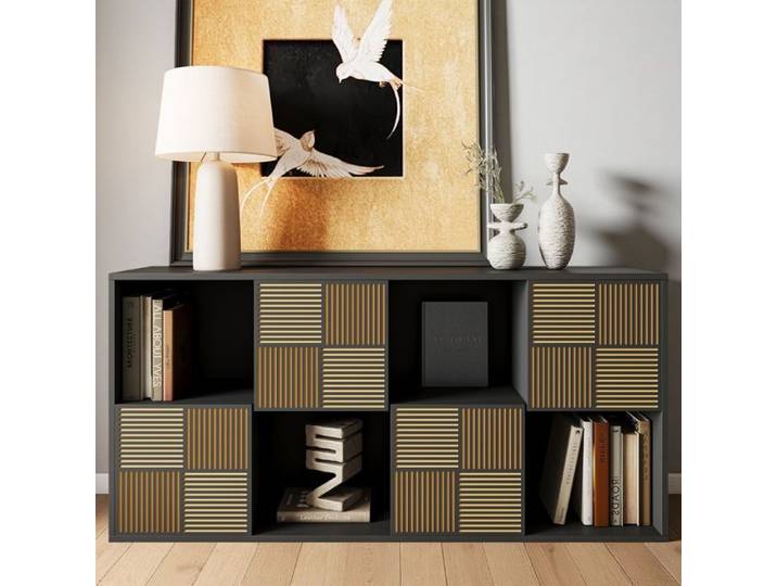 Bibliothèque Modulaire Noire Mate 8 Casiers Étagère de Rangement avec Portes à Lignes Sculptées Meuble pour Chambre Bureau