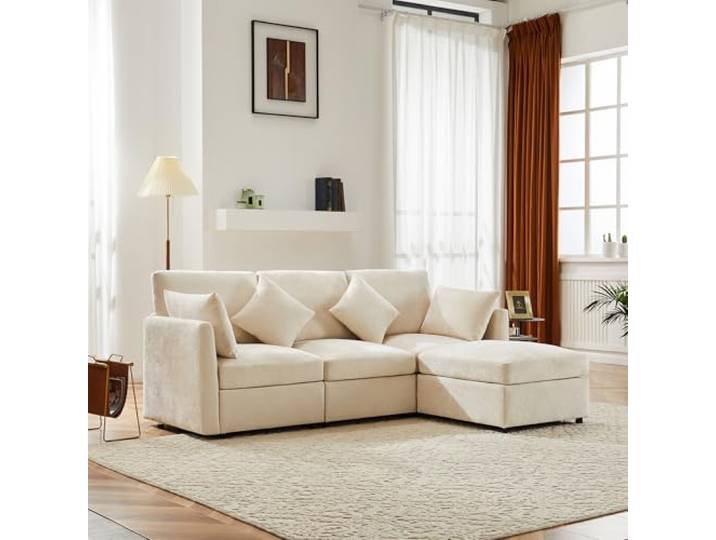 Merax Ecksofa L-Form Modulares 3-Sitzer Sofa mit umwandelbarem Fußhocker, Chenille-Stoff, Premium Komfort, Raumsparend & Wandelbar,Beige