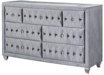 Benjara Rea Wide Dresser, 7 Drawers with Crystal Knobs, Gray Velvet Upholstery