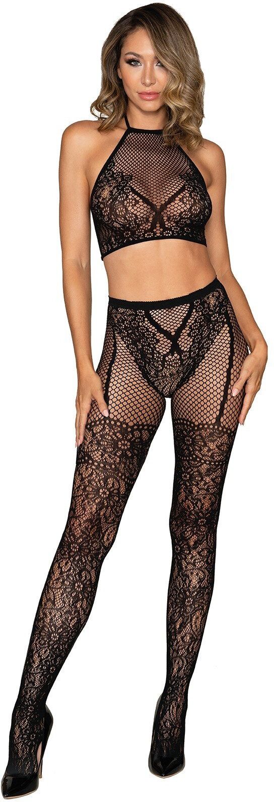Dreamgirl Ensemble Brassière fine résille et collant imprimé - DG0391BLK