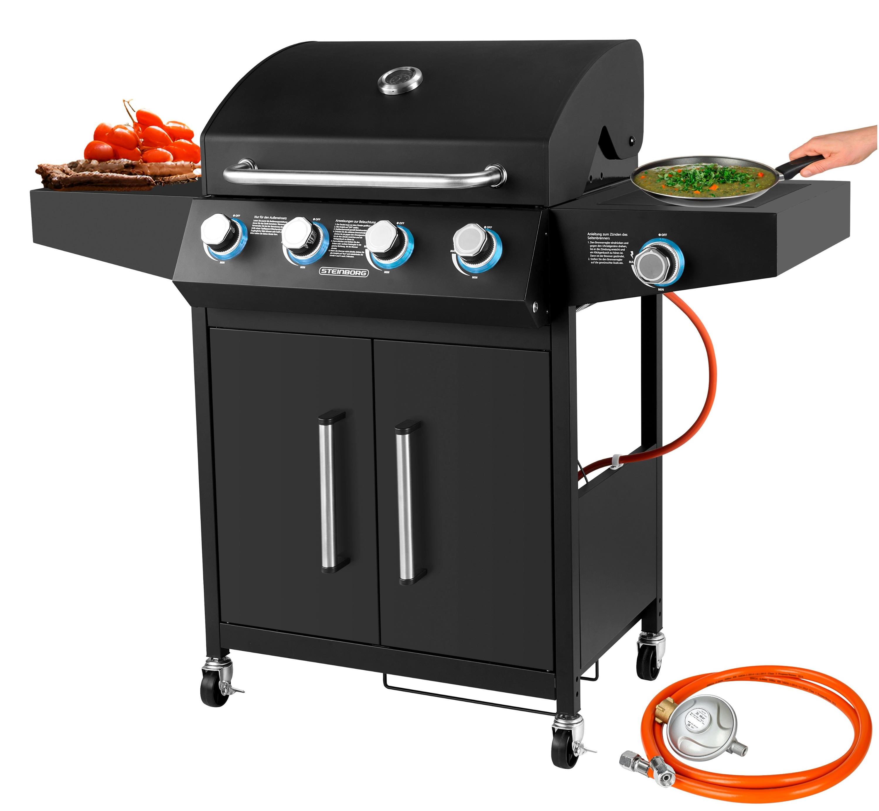 Steinborg Gasgrill 4 Brenner Grillwagen Gasgrill mit Seitenbrenner Beleuchtete Drehknöpfe Grillstation Gasgrillgerät Gasgrillstation Gaskocher Grill mit Gasbetrieb Gas-Außenküche Gasbarbecue Propangasgrill