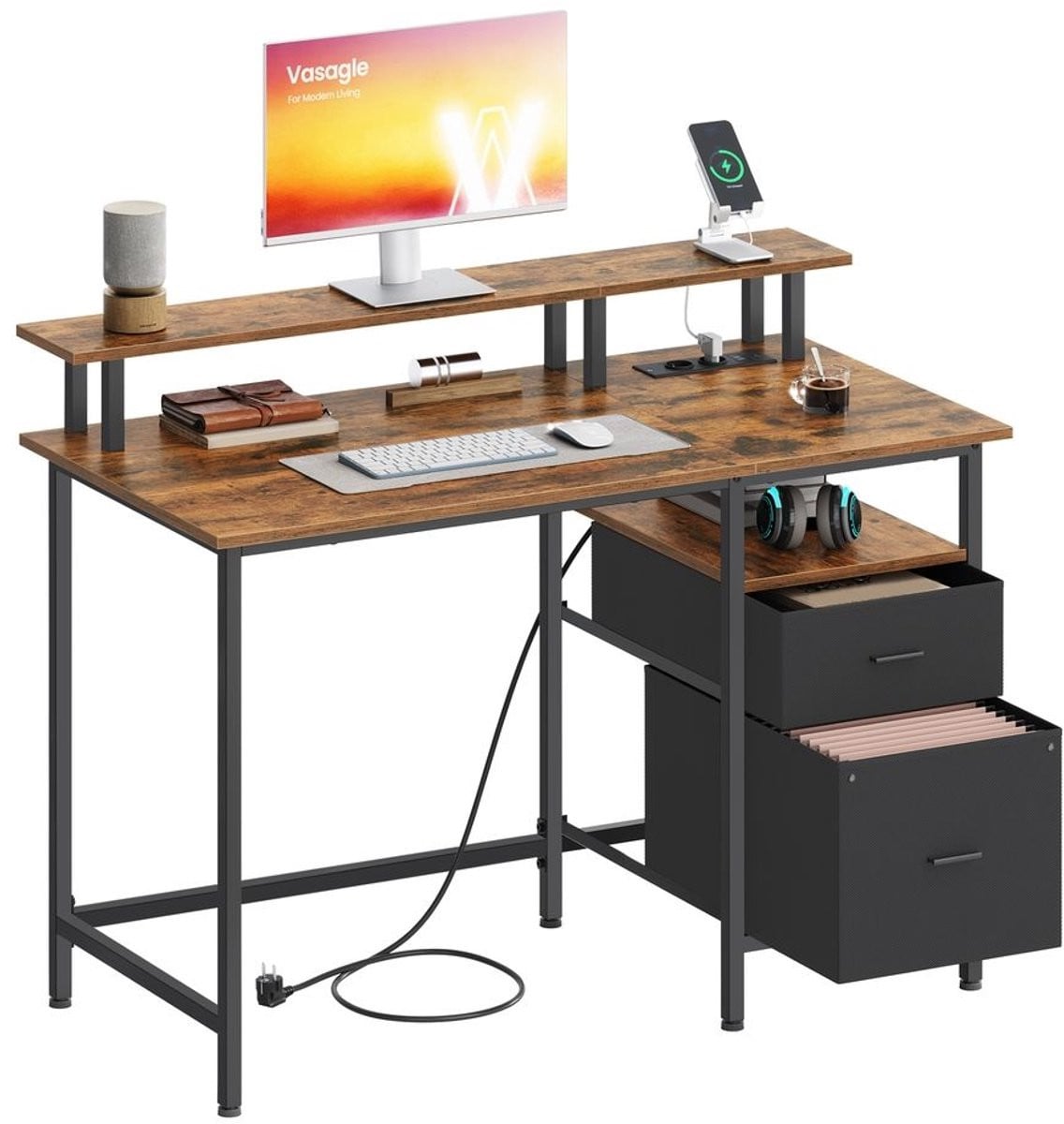 Gamingbureau met LED-verlichting, monitorstandaard en 2 lades, rustiek bruin