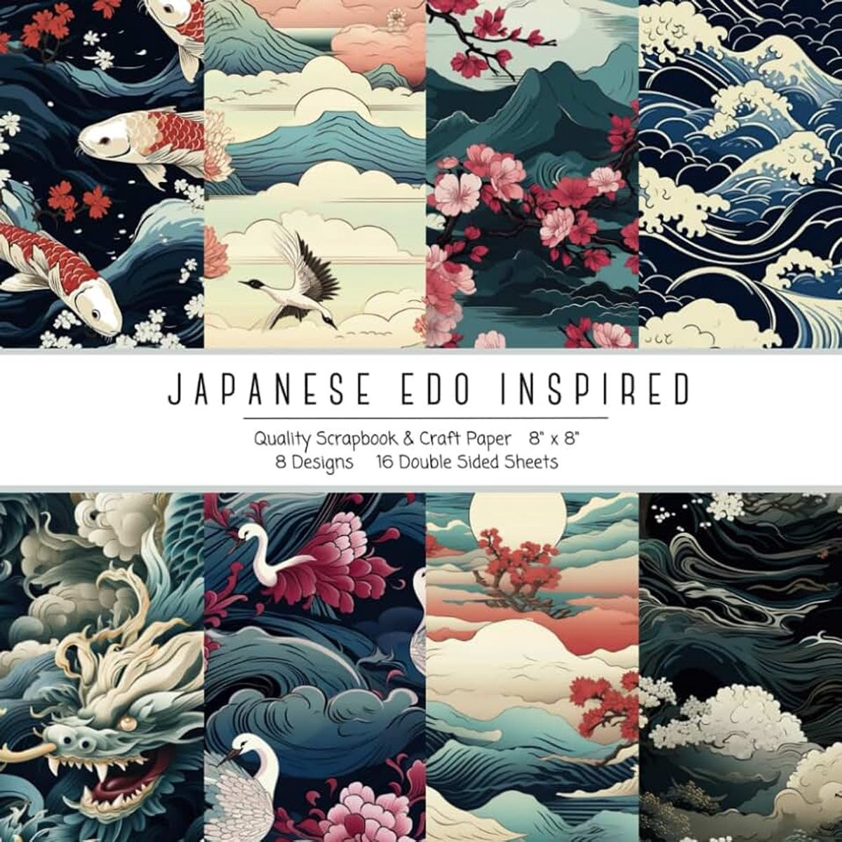 Merkloos Paper Pad met 8 unieke Japanse Edo-geïnspireerde ontwerpen en 16 dubbelzijdige craft paper vellen voor scrapbooking, journaling en DIY papierknutselen