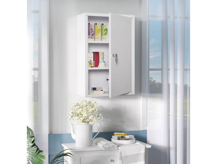WOVREO Armoire à pharmacie murale verrouillable 40 x 18 x 60 cm acier blanc 3 niveaux 2 clés