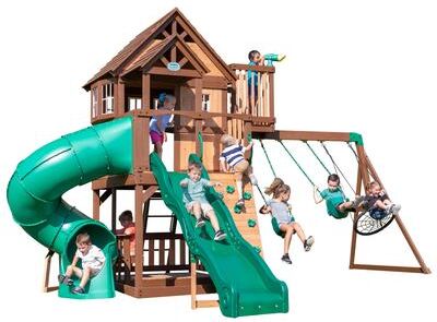 "Backyard Discovery Skyfort II Cedar Wood Swing Set, Spiral Tube Slide - 19'5"" x 16'9"""