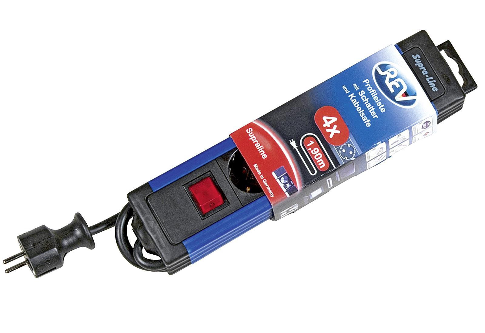 REV RITTER stekkerdoos met 4 stopcontacten en schakelaar, zwart/blauw