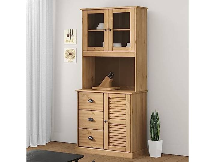 HEFZGDB Sideboard Aufsatz aus Massivholz Kiefer mit Glastüren und Einlegeböden – Massivholz Aufsatz für Kommode und Anrichte als Vitrinen und für Buffet