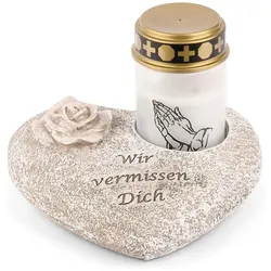 Grabschmuck Herz Grau mit Rose Spruch Wir vermissen Dich inkl. LED Grablicht Weiß Grabdeko Grabherz Wetterfest Grabdekoration Gedenkstein Teelichthalter Trauerstein