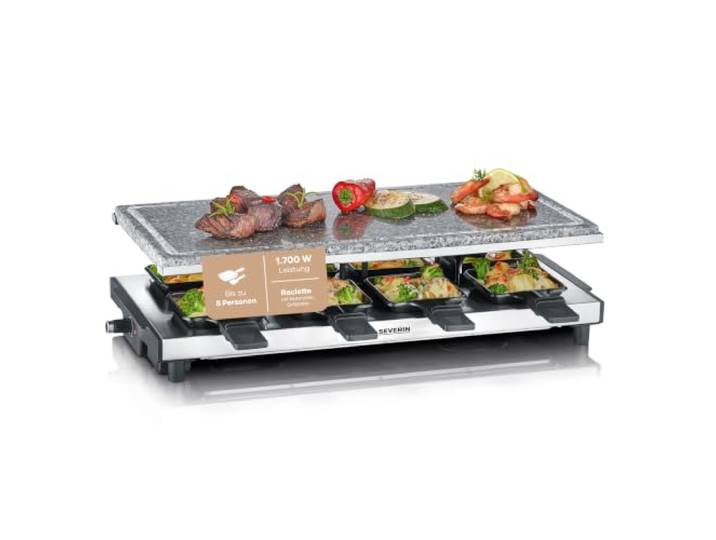 SEVERIN Raclette mit Naturgrillstein, elektrischer Tischgrill, Raclette für 8 Personen mit Grillplatte und 8 Pfännchen, Kunststoff/Edelstahl, schwarz, RG 2374