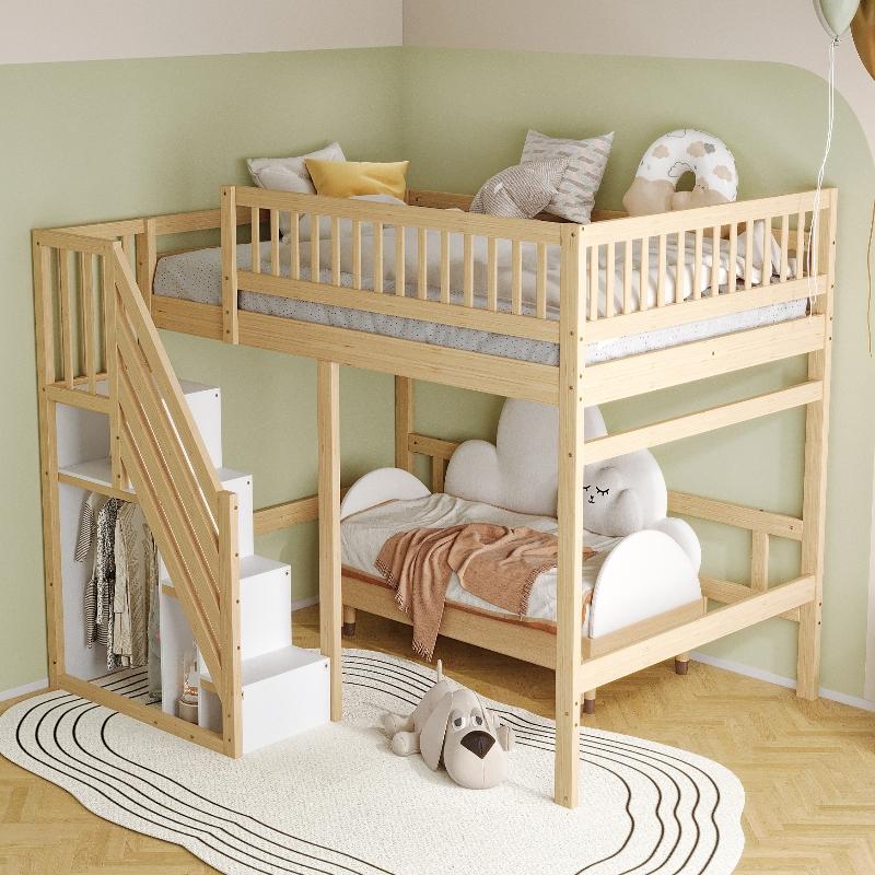 Hochbett 140x200cm aus Massivholz mit Aufbewahrungstreppe und Stauschrank, Jugendbett aus Holz mit hohem Geländer in Holzfarbe natur