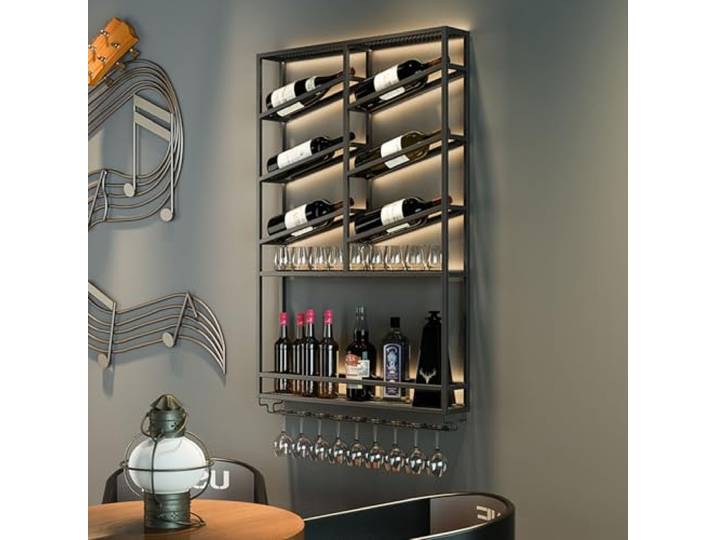 SFJATTA Moderne Metall Wand Montiert Wein Display Rack Schwarz Weinregal Hängend für Küche, Bar, Esszimmer, Wohnzimmer(Nero)