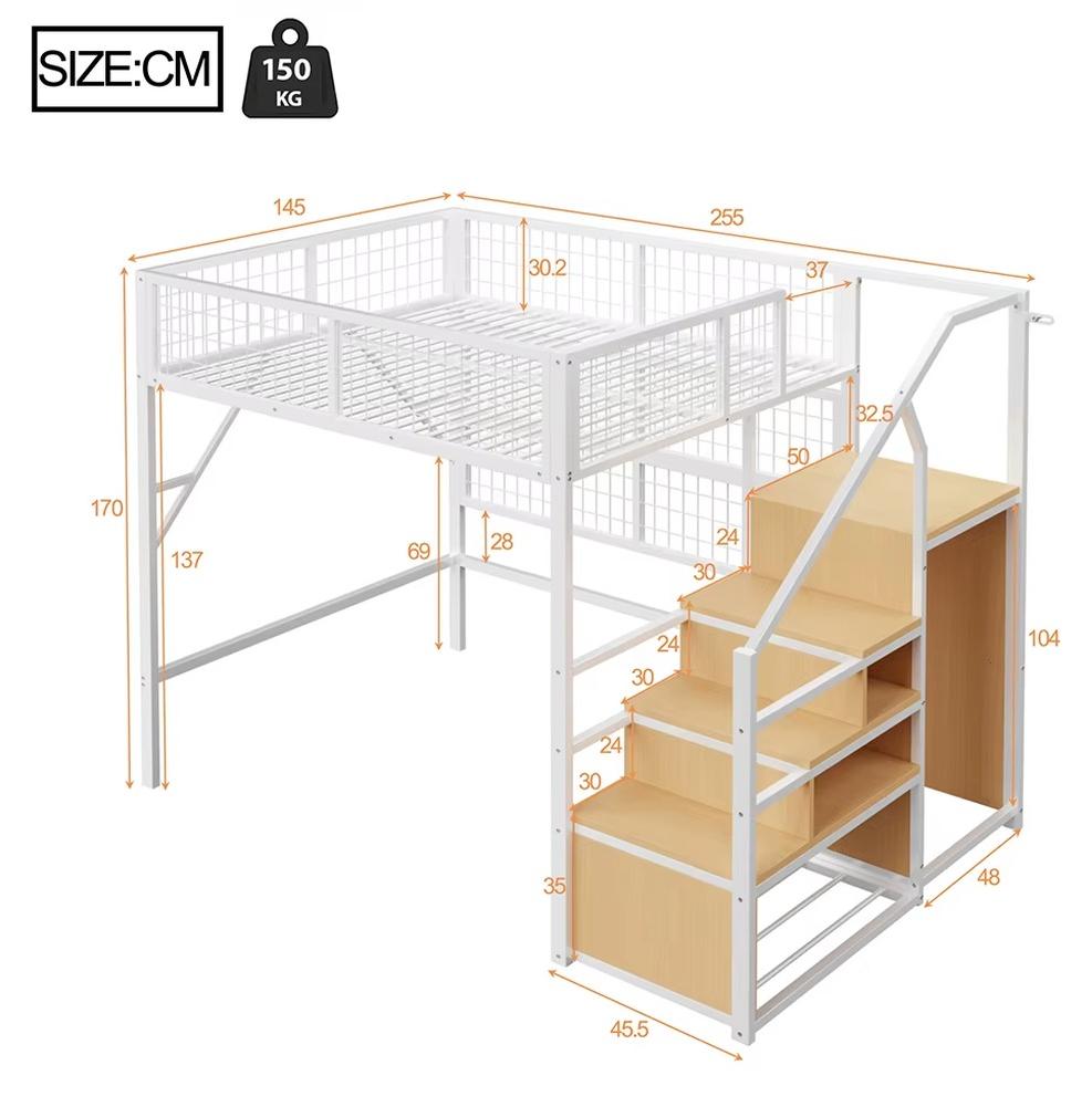 Metall-Hochbett - Etagenbett - App-gesteuerte LED-Beleuchtung - Einbauschrank - Stauraum - Stabile Leiter - 140 x 200 cm - Weiß