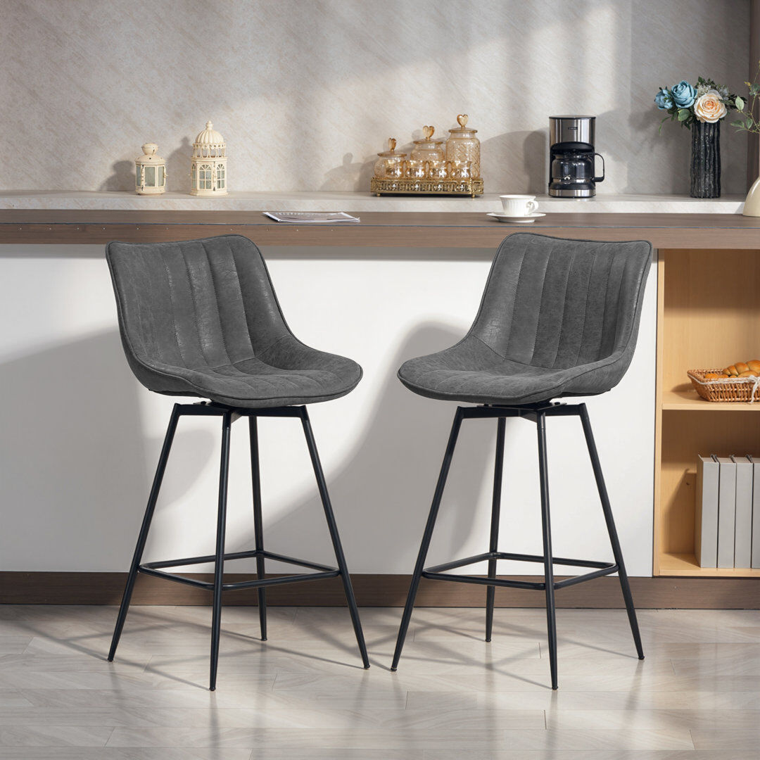 17 Stories HOMCOM Swivel Bar Stools Set of 2, PU Leather Upholstered Bar Chairs, Grey 97.5cm H X 54.5cm W X 47cm D