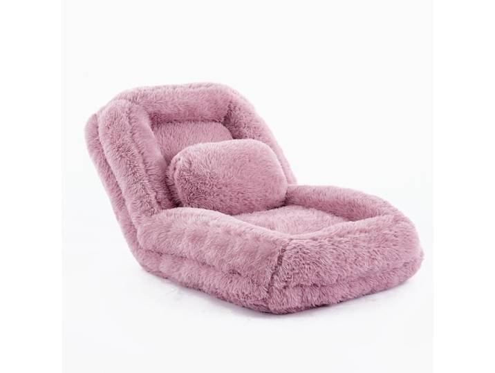 Canapé convertible – fauteuil de sol – peluche rose – dossier réglable 5 positions – coussin inclus