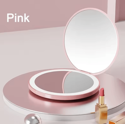 Inspire Curations Personalized LED Double Sided Folding Pocket Makeup Mirror pink