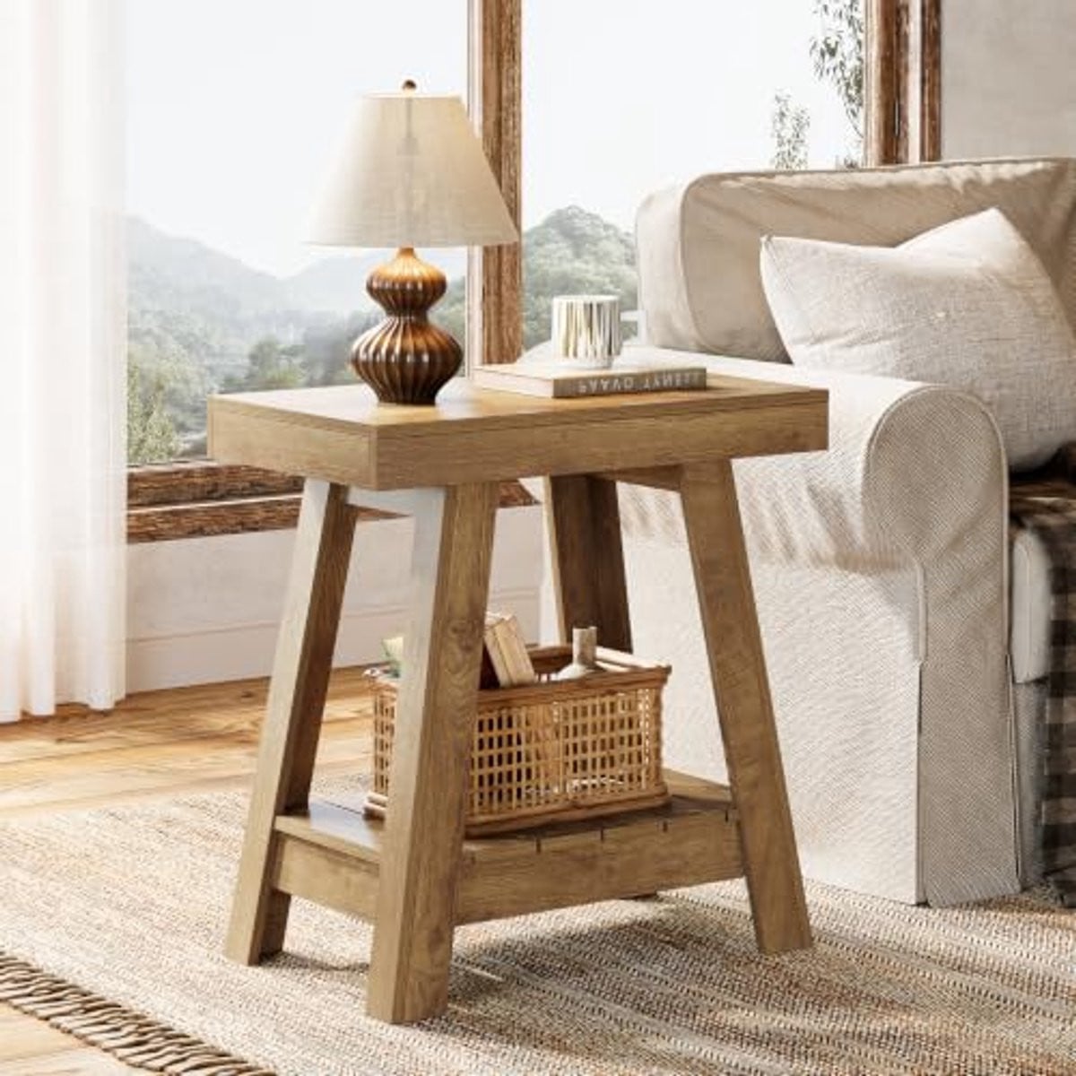 LITTLE TREE Smalle Houten Bijzettafel met 2 Planken in Rustiek Bruin - Landelijke Stijl
