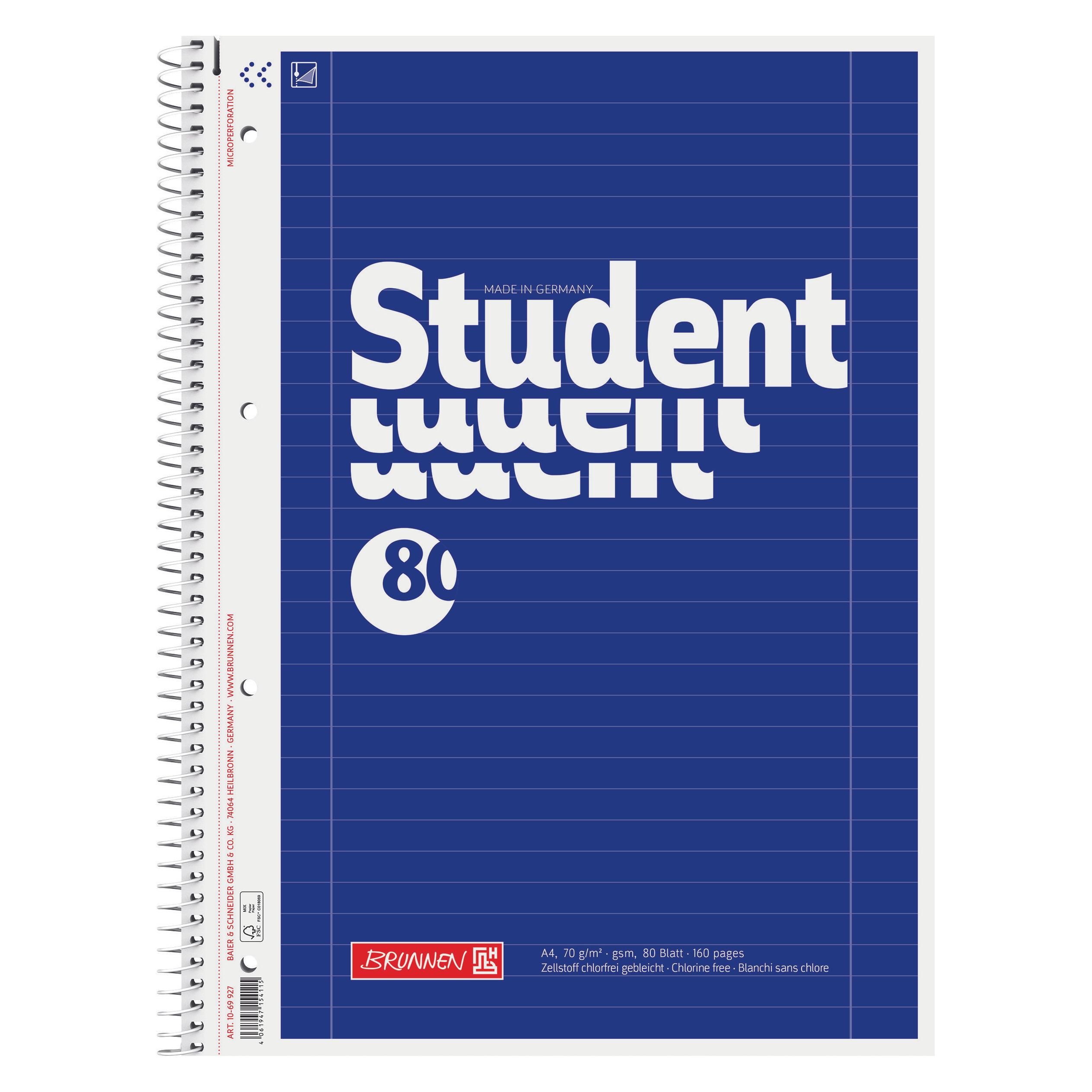 Brunnen Collegeblock Student | A4, Lineatur 27, 80 Blatt, blau (A4, Liniert) (71676711) Mindestbestellmenge: 5 Stück