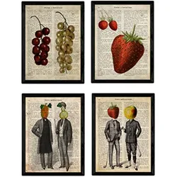 POSTER Set mit 4 Blättern Obst und Gemüse Modell 3 A4 Schwarzer Rahmen