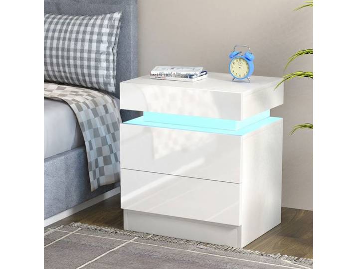 Table de chevet Haute Brillance avec LED Lumières - DHHOZAMZ - 2 Tiroirs - Table de Nuit Meuble de chambre - 45 x35x52cm