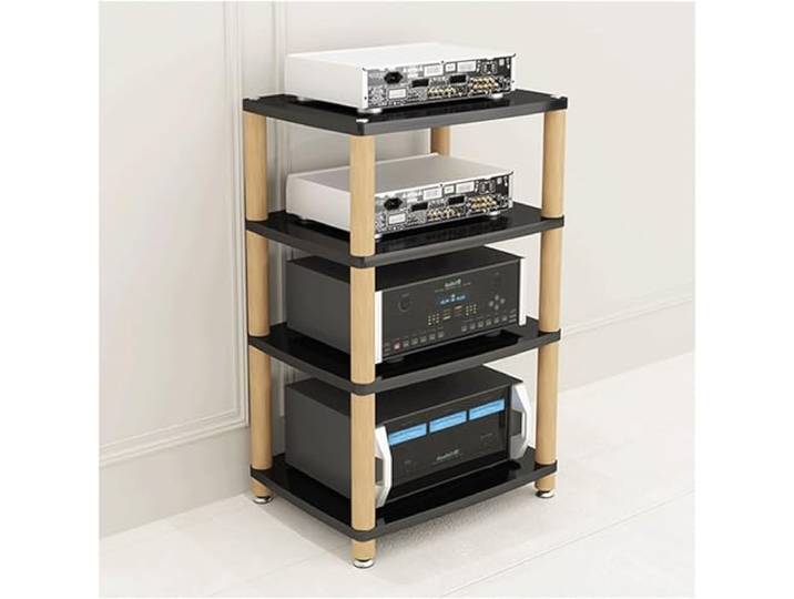 DUddTTW Audio-Rack, 2/3/4-stufiges Stereo-Rack, Audio-Geräte-Rack, Holz-Audio-Rack-Schrank, AV-Schrank, langlebige Edelstahlfüße, HiFi-Rack(Nero,4 Tier)