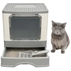 Relaxdays Geschlossenes Katzenklo mit Schublade Weiß,Grau,Transparent