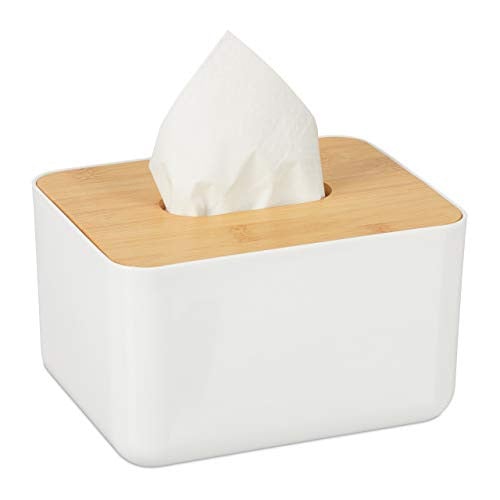 Relaxdays Tissue box met deksel van bamboe en kunststof, wit/bruin, H x B x D: 10 x 17 x 13 cm