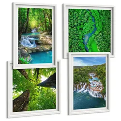 BILDER SET 4er Set - 50x50 cm & 40x60 cm Weißer Rahmen - Wasserfälle grüner Wald Wasser