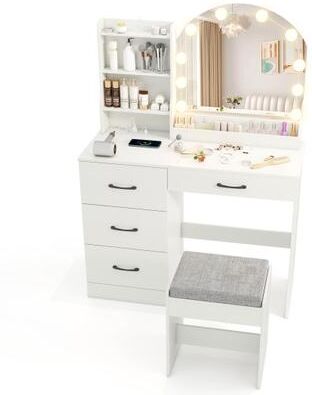 Costway Makeup Vanity Desk Dressing Table and Stool Set with Mirror and Lights-White