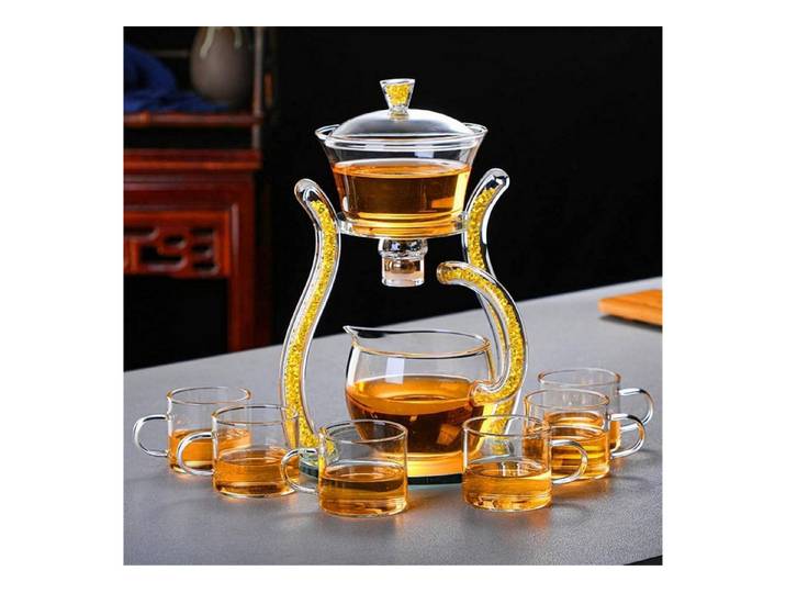 LuxusKollektion Teeservice Glas Teekanne halbautomatisch mit Drehdeckel Gold, Glas