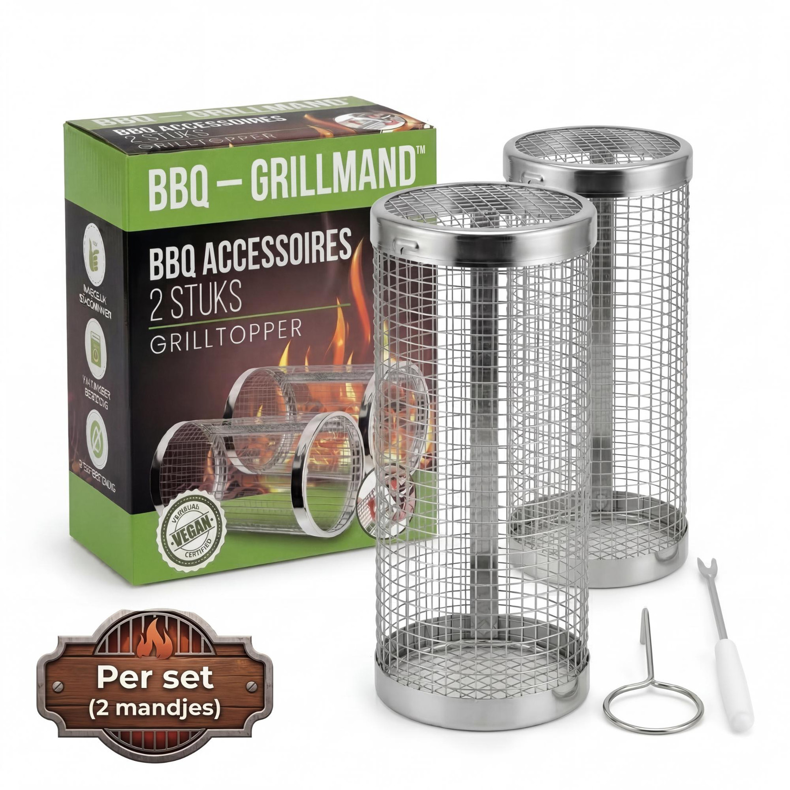 Oneproduct Grillmand BBQ Set van 2 met RVS Grillkorf - BBQ Accessoires