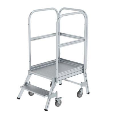 Munk Podesttreppe, 2 Stufen, einseitig begehbar, Rechteckrohr-Holme, Plattform B 600 x T 800 mm, 3-seitiges Geländer, max. 150 kg