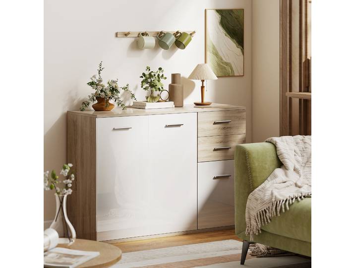 HOMCOM Buffet Salon 3 Portes 2 Tiroirs Blanc Bois 106x35x76cm