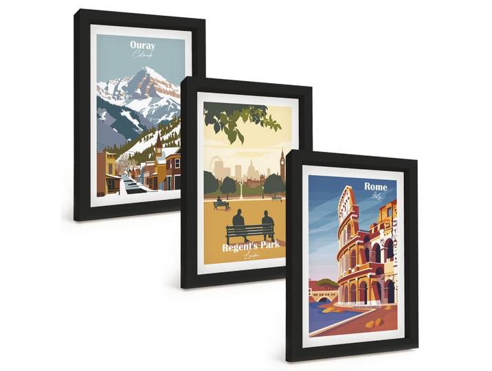 BILDER SET 3er Set - 20x30 cm Schwarzer Rahmen - Ouray Mountains London Coliseum