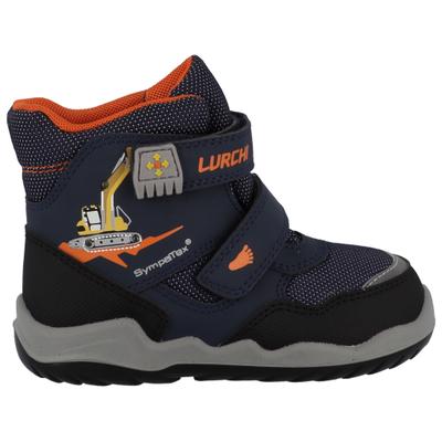Barfußschuh LURCHI "Fritz Barefoot, Blinkschuh", Jungen, Gr. 28, Textil, dunkelblau kombiniert, Lederimitat, Textil, Schuhe Barfußschuh, Klettboots mit tollem Bagger-Motiv, Größenschablone zum Download