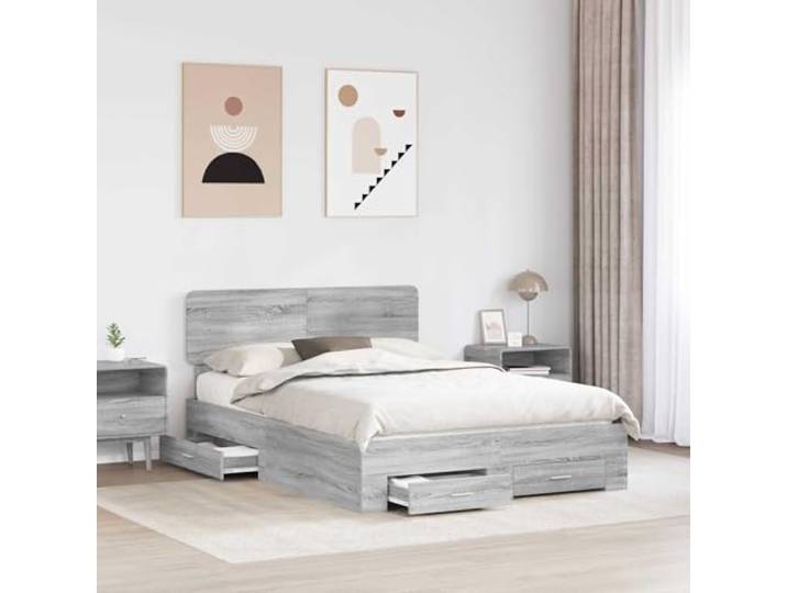 SKTQYQO Bettgestell Grau Sonoma 140 x 190 cm Mit Schubladen, mehrschichtigem Holz, Lattenrost, modernes Design
