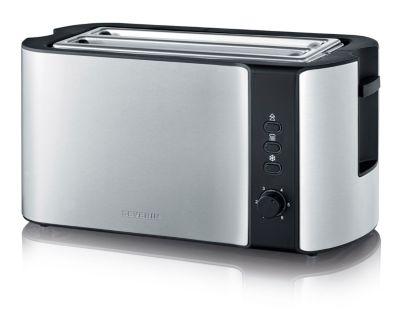 SEVERIN Langschlitz-Toaster AT 2590, 1.400 W, für 4 Scheiben oder 2 große Brotscheiben, Brotscheibenzentrierung, Brötchenaufsatz, Edelstahl/Schwarz